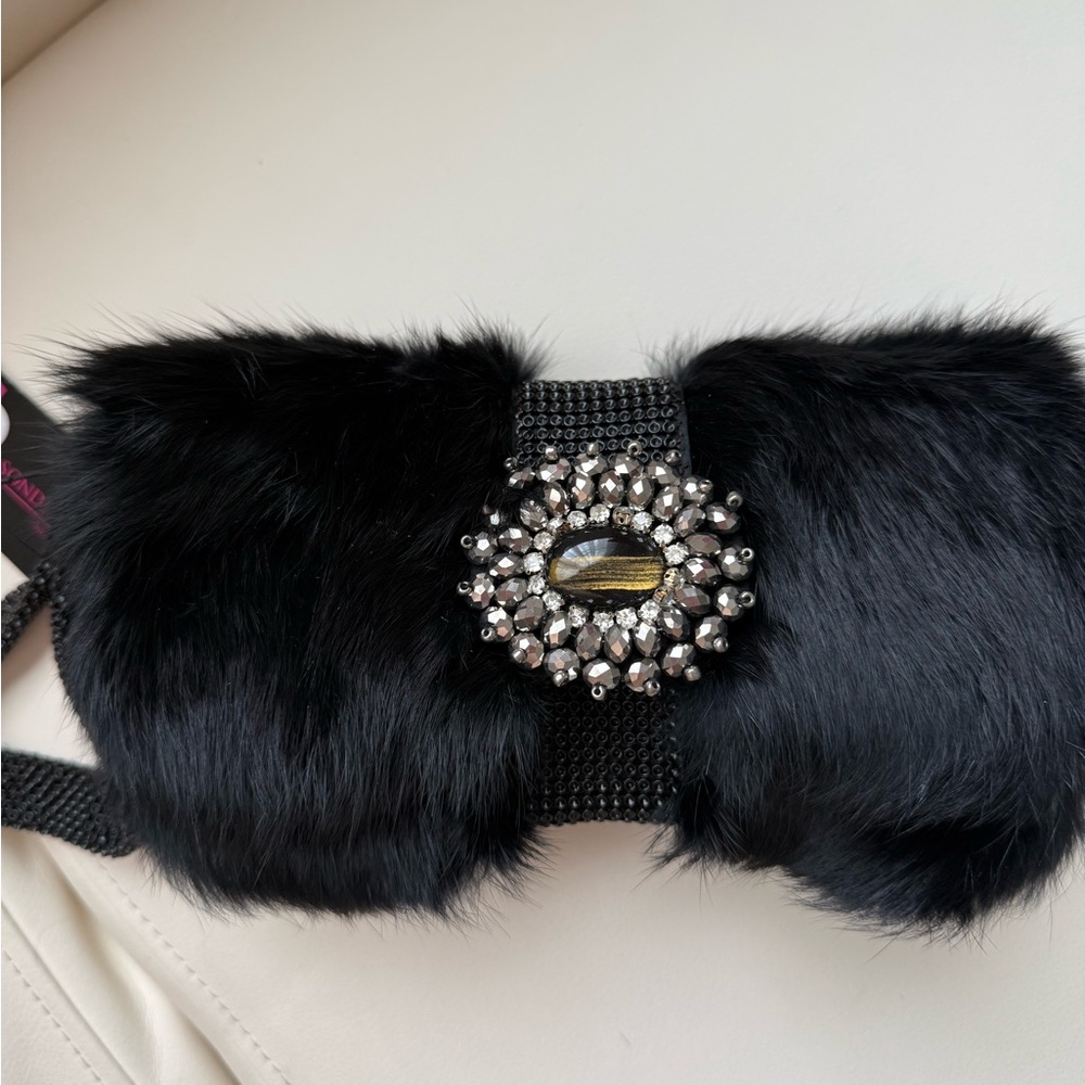 Elegant Black Fur Clutch with Gemstone Accent